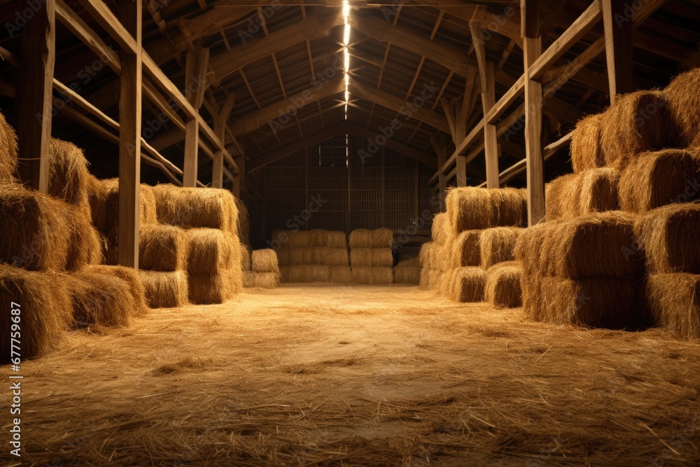 A barn filled with lots of hay and bales. Perfect for agricultural or farm-related projects. - obrazy, fototapety, plakaty 