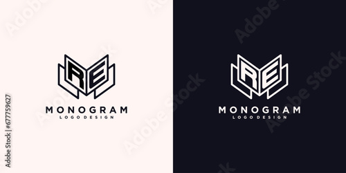 Initials letter RE with book line art education logo symbol vector illustration