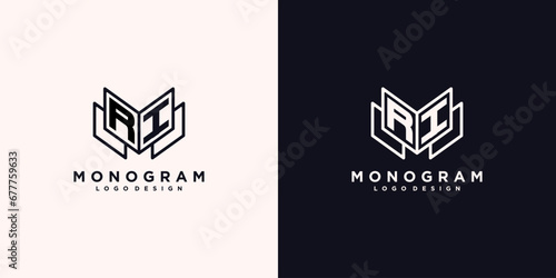 Initials letter RI with book line art education logo symbol vector illustration