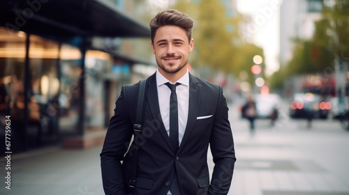 portrait of a handsome smiling Caucasian young businessman boss in a black suit walking on a city street to his company office. blurry street background, confident