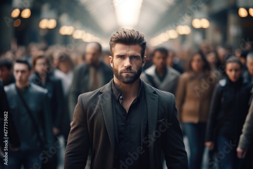 A man confidently standing in front of a large crowd. This image can be used to depict leadership, public speaking, or addressing an audience. © Fotograf