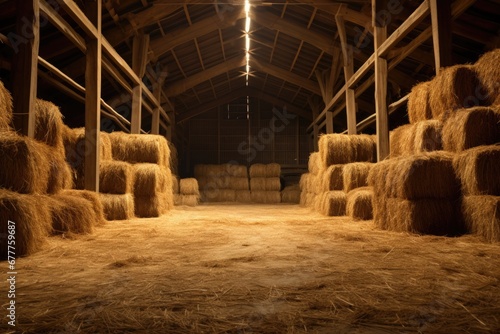 A barn filled with lots of hay and bales. Perfect for agricultural or farm-related projects. photo