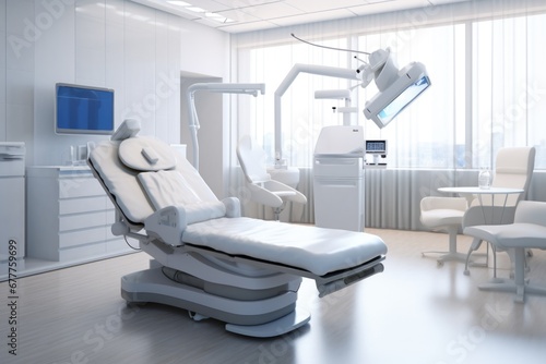A medical room featuring a chair and a monitor. Ideal for healthcare-related designs and medical concepts.