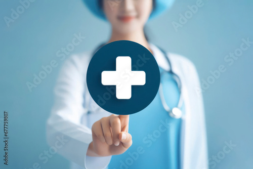 Medicine nurse holding plus icon for the healthcare medical icon on blue background. ai generative