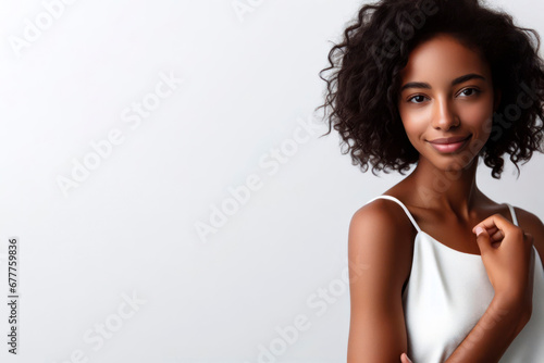 Portrait image of a young African American woman wearing standing on a white background. ai generative