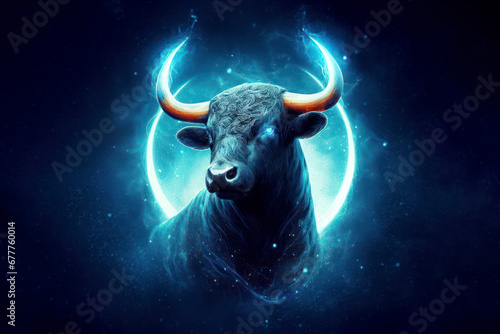 A bull with a blue light on its horns, taurus sing in horoscope. ai generative photo