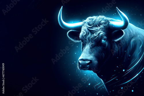 A bull with a blue light on its horns, taurus sing in horoscope. ai generative photo