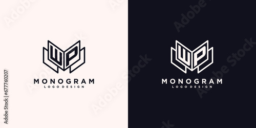 Initials letter WP with book line art education logo symbol vector illustration
