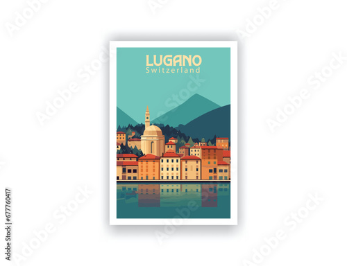 Lugano, Switzerland. Vintage Travel Posters. Vector art. Famous Tourist Destinations Posters Art Prints Wall Art and Print Set Abstract Travel for Hikers Campers Living Room Decor