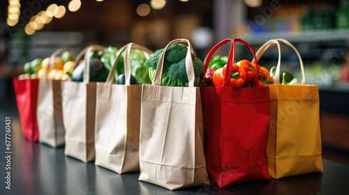 A close-up of reusable shopping bags filled with groceries