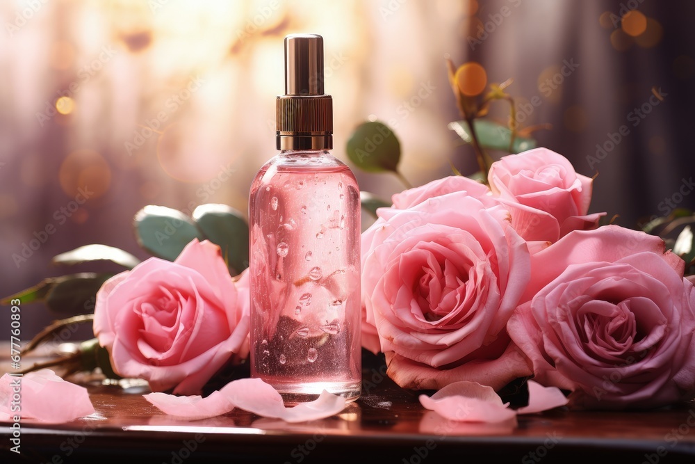 Romantic Elegance: Clear Spray Bottle with Pink Roses on Wooden Table Romantic Elegance: Clear Spray Bottle with Pink Roses on Wooden Table