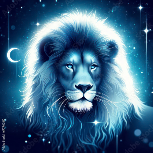 A Lion with a blue light, Lion sing in horoscope. ai generative