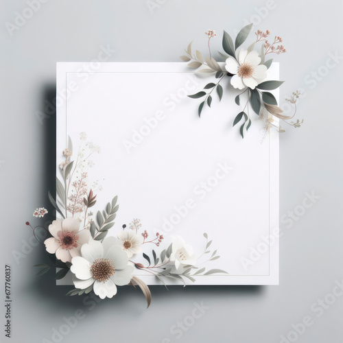 A white card with flowers on a gray background mock up. ai generative photo