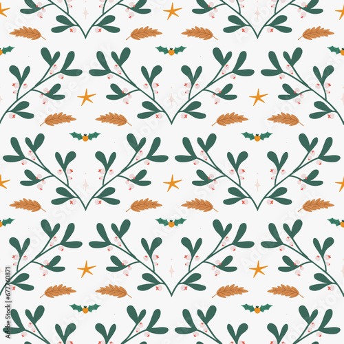 Seamless pattern with mistletoe and holly. Modern Christmas symmetrical ornament in folk style. Hand drawn vector illustration
