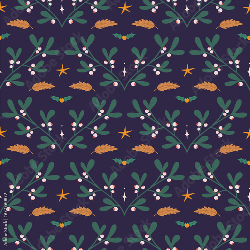 Seamless pattern with mistletoe and holly. Modern Christmas symmetrical ornament in folk style. Hand drawn vector illustration