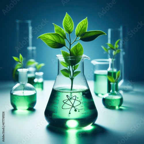 beakers plants, Green leafs in the flask filled with water, Green Chemistry. ai generative photo