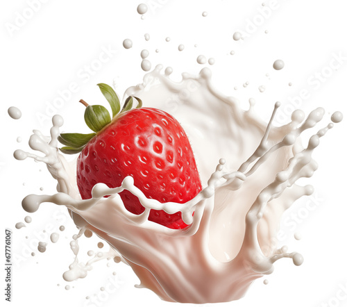 Milk or yogurt splash with strawberry realistic illustration isolated. Generative ai. photo