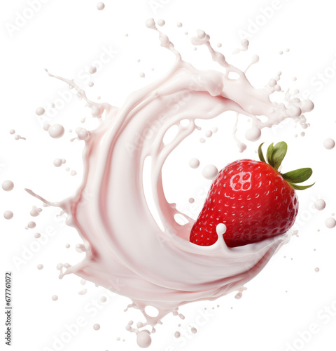 Milk or yogurt splash with strawberry realistic illustration isolated. Generative ai.