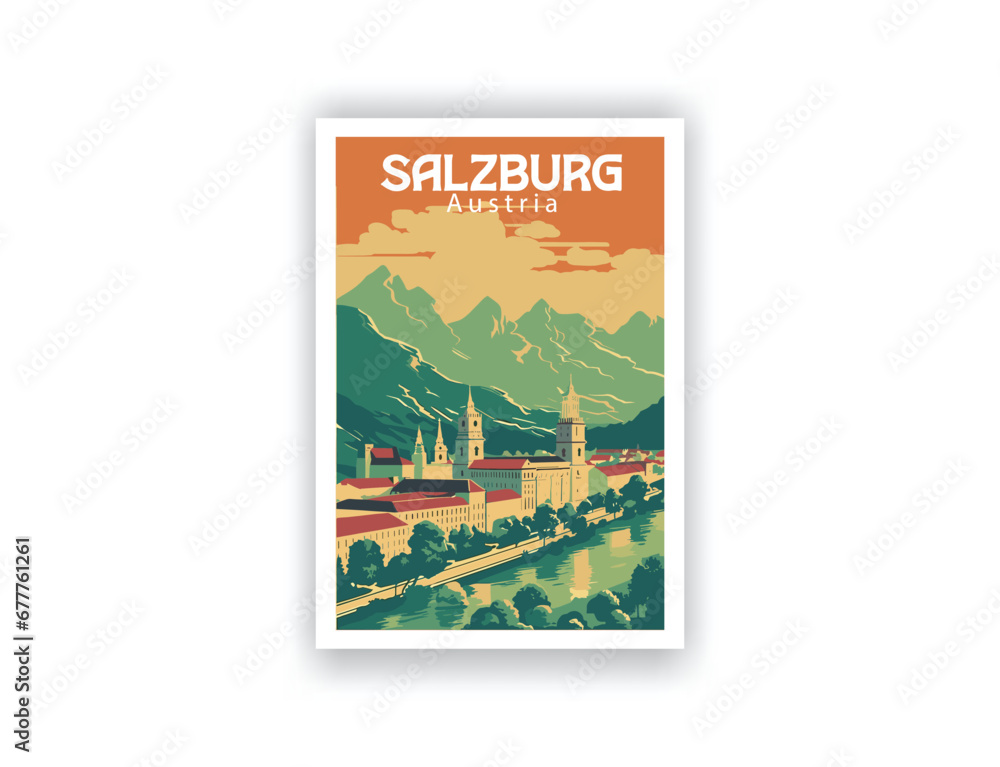 Fototapeta premium Salzburg, Austria. Vintage Travel Posters. Vector art. Famous Tourist Destinations Posters Art Prints Wall Art and Print Set Abstract Travel for Hikers Campers Living Room Decor