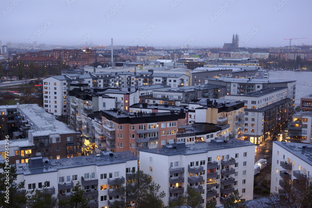 Modern apartment buildings in Liljeholmen, a part of Stockholm.