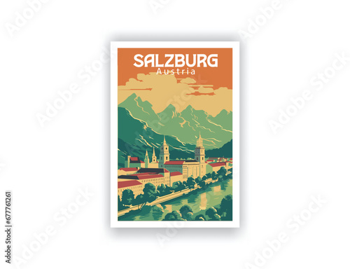 Salzburg, Austria. Vintage Travel Posters. Vector art. Famous Tourist Destinations Posters Art Prints Wall Art and Print Set Abstract Travel for Hikers Campers Living Room Decor