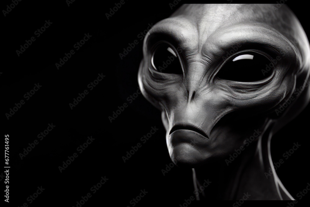 Black and white photorealistic studio portrait of a Grey Alien on black background. ai generative