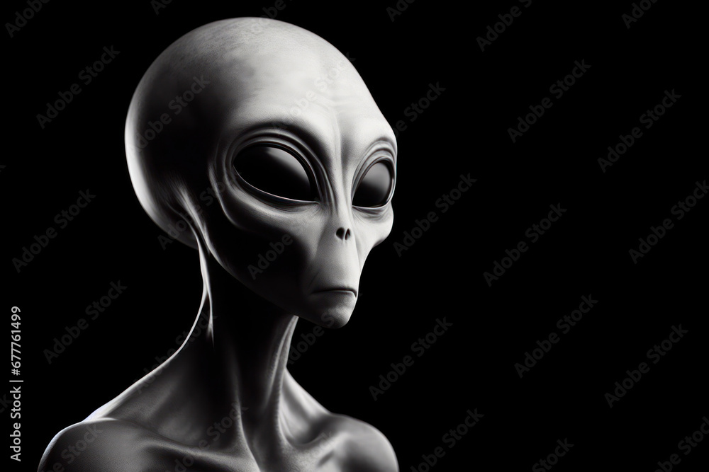 Black and white photorealistic studio portrait of a Grey Alien on black background. ai generative Black and white photorealistic studio portrait of a Grey Alien on black background. ai generative