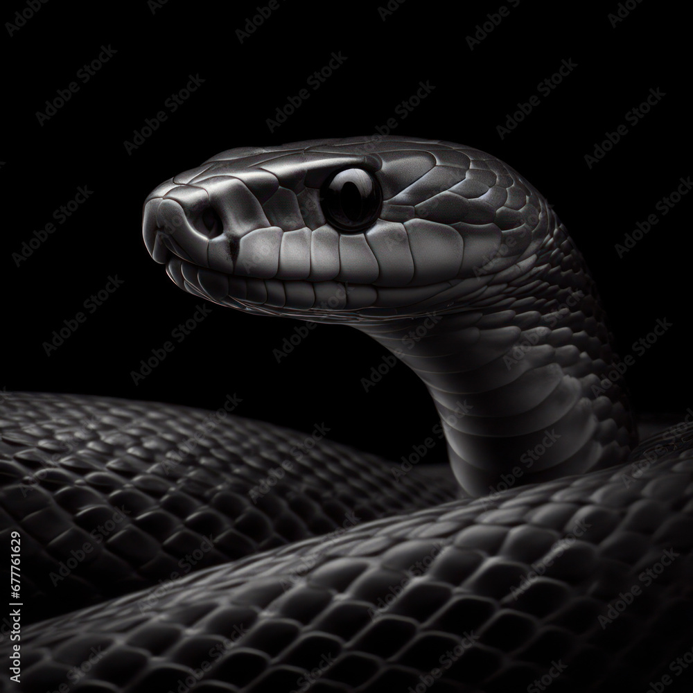 Black and white photorealistic studio portrait of a snake on black background. ai generative Black and white photorealistic studio portrait of a snake on black background. ai generative