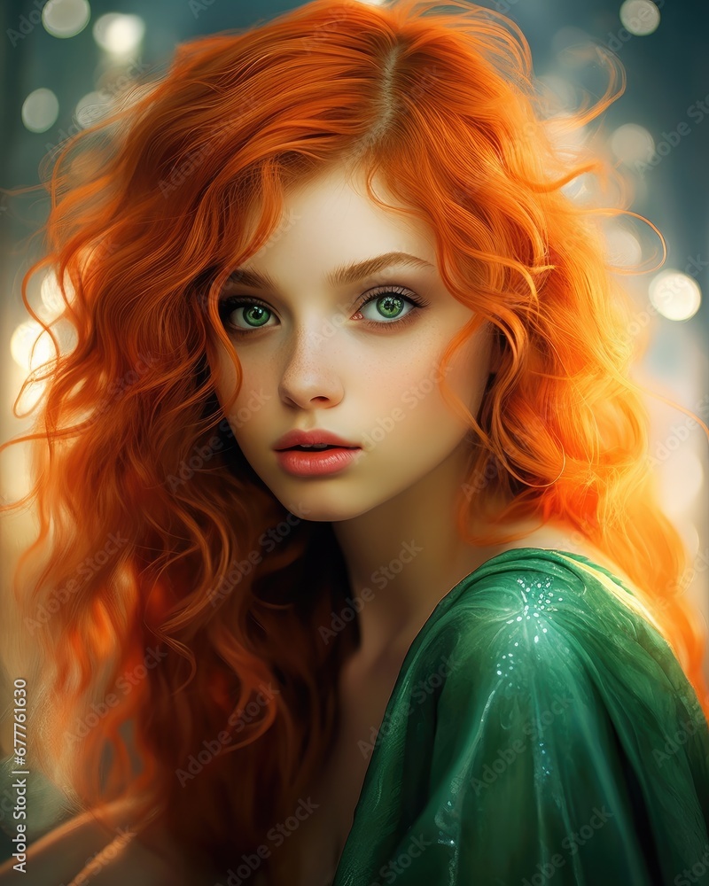 Vivid portrait of a woman with curly auburn hair and green eyes. Vivid portrait of a woman with curly auburn hair and green eyes.