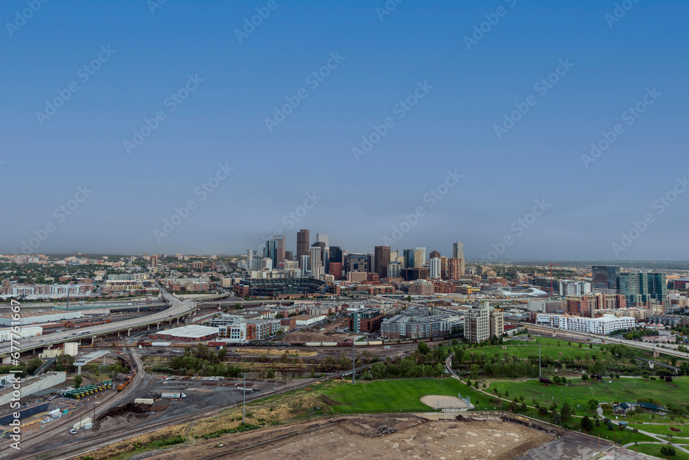 aerial helicopter shot of Denver city
