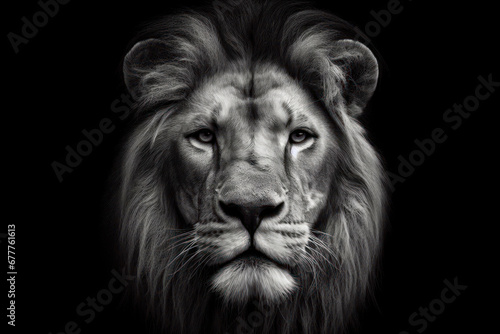 Black and white photorealistic studio portrait of a Male Lion on black background. ai generative © Igor
