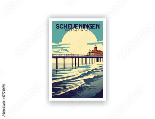 Scheveningen, The Netherlands. Vintage Travel Posters. Vector art. Famous Tourist Destinations Posters Art Prints Wall Art and Print Set Abstract Travel for Hikers Campers Living Room Decor