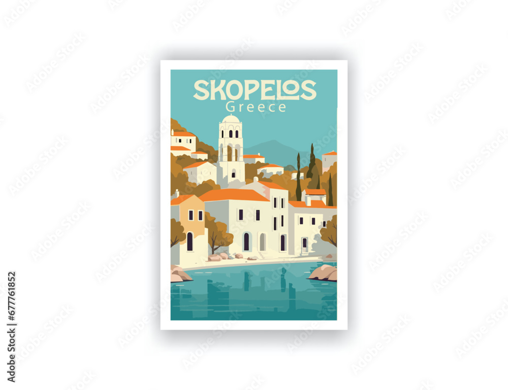 Skopelos, Greece. Vintage Travel Posters. Vector art. Famous Tourist Destinations Posters Art Prints Wall Art and Print Set Abstract Travel for Hikers Campers Living Room Decor
