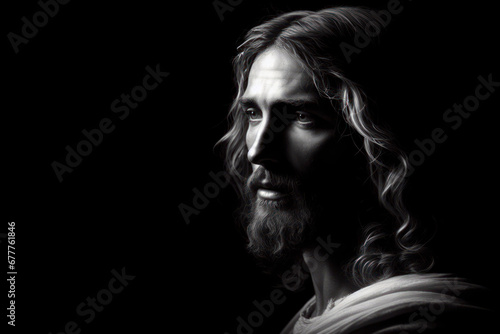 Black and white photorealistic studio portrait of Jesus Christ on black background. ai generative