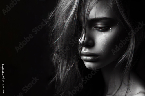 black and white portrait of a woman cry. ai generative