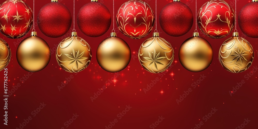 A composition of elegant red and gold Christmas ornaments arranged in a visually pleasing pattern, adding a touch of sophistication and warmth to web banner. Generative AI