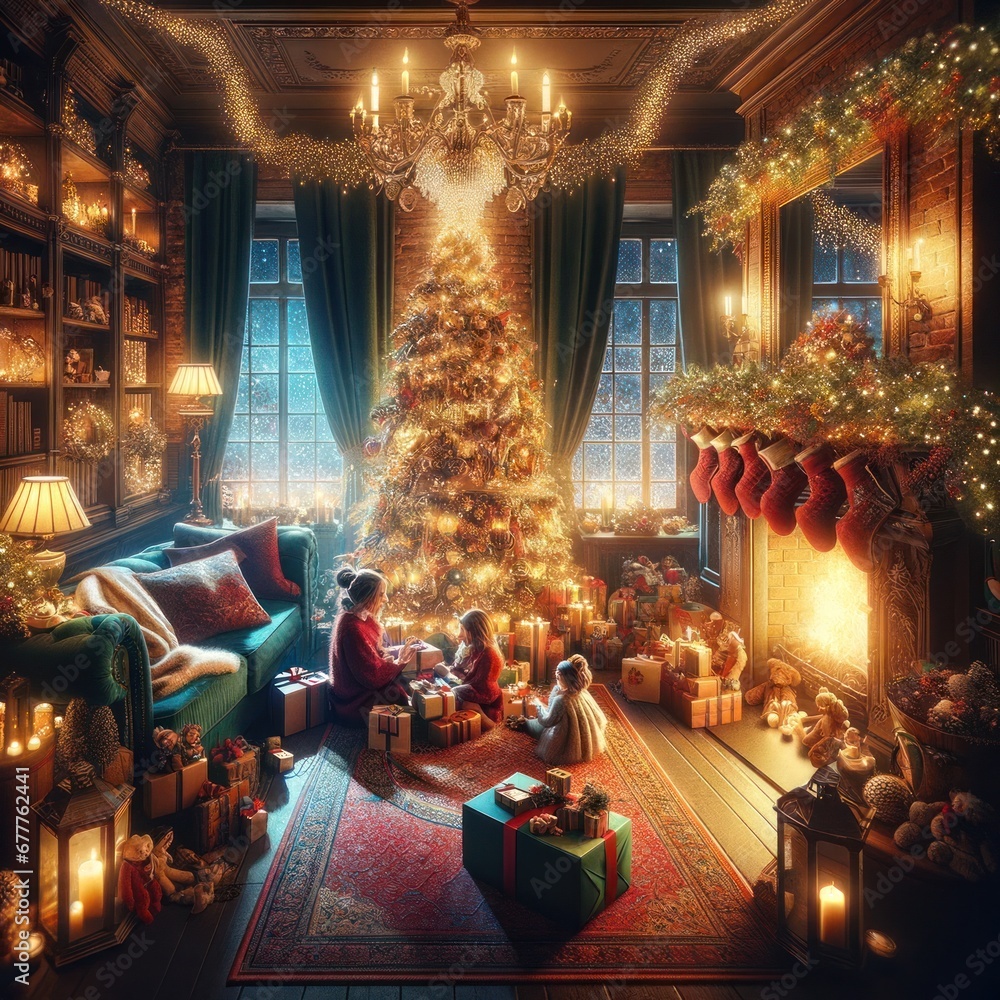 image of a cozy living room adorned with twinkling lights and a beautifully decorated Christmas tree as the centerpiece