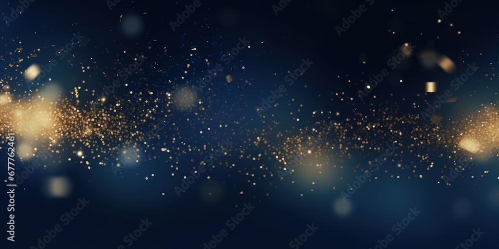 Abstract background with gold stars, particles and sparkling on navy blue. Christmas Golden light shine particles bokeh on navy blue background. 2024 New year background. Gold foil texture. Generative - obrazy, fototapety, plakaty 