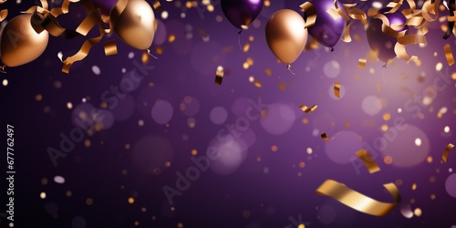 Anniversary purple and gold color background with falling confetti and light effects. Generative AI  