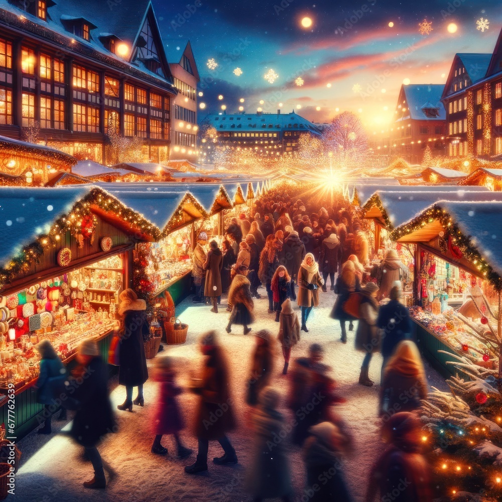 A bustling holiday market aglow with twinkling lights and vibrant colors. Vendors' stalls are adorned with unique, handcrafted gifts, and shoppers