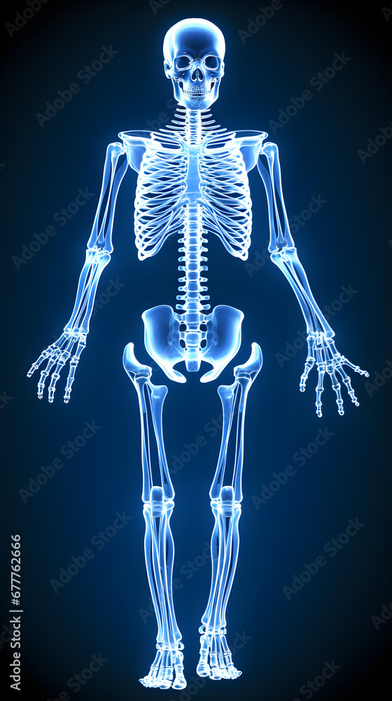 Human 3d skeleton in the style of x-ray photo illustration isolated on blue background Human 3d skeleton in the style of x-ray photo illustration isolated on blue background