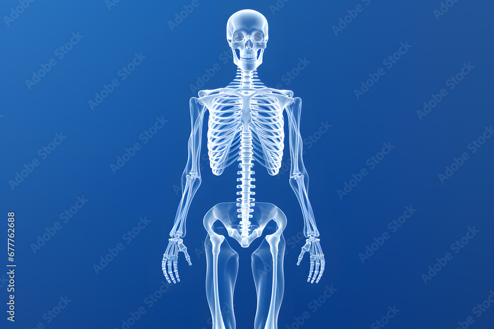 Human 3d skeleton in the style of x-ray photo illustration isolated on blue background Human 3d skeleton in the style of x-ray photo illustration isolated on blue background