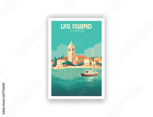 Vis Island, Croatia. Vintage Travel Posters. Vector art. Famous Tourist Destinations Posters Art Prints Wall Art and Print Set Abstract Travel for Hikers Campers Living Room Decor