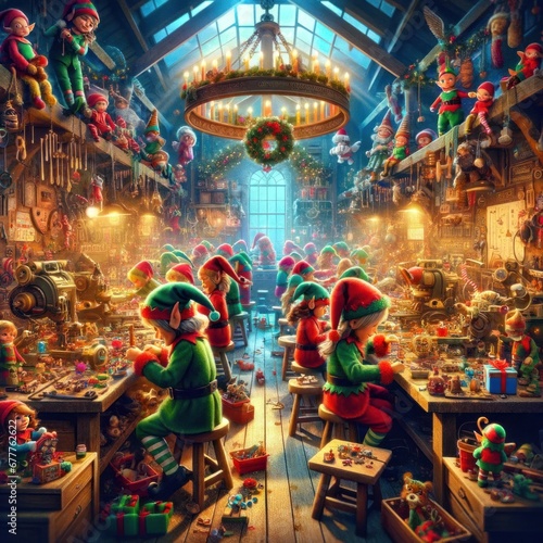 A workshop scene where Santa's elves are diligently crafting toys for Christmas. photo