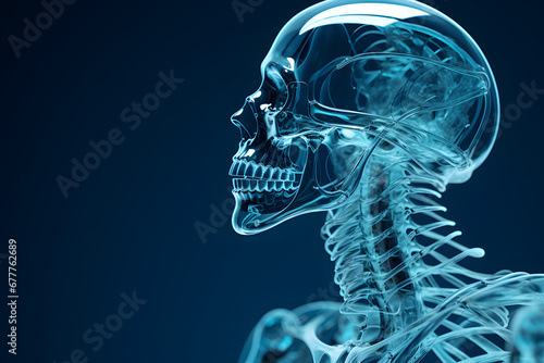 Human 3d skeleton in the style of x-ray photo illustration isolated on dark background 