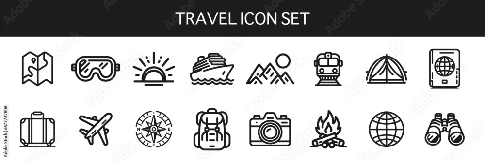 Set of black icons related to travel, transport, accommodation and research equipment on a white background. Vector illustration Set of black icons related to travel, transport, accommodation and research equipment on a white background. Vector illustration
