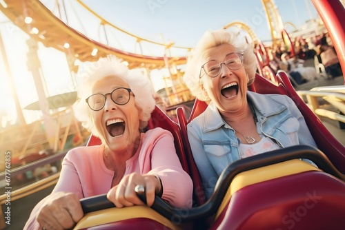 Portrait old women playing Roller Coaster at amusement park