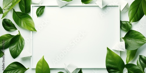 Creative layout, green leaves with white square frame, flat lay. Generative AI