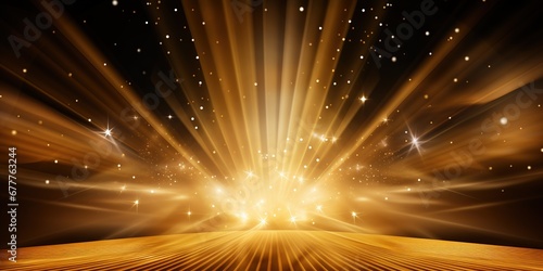 Golden stage background with glitters and spotlights illustration. Generative AI	
