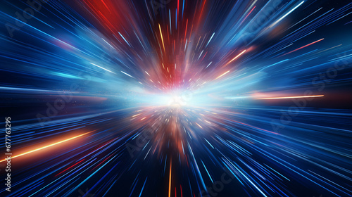 Hyperspace traveling through space, deep space, outer space, boom, explosion of light photo